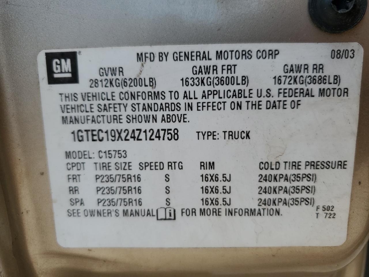 2004 GMC New Sierra C1500 VIN: 1GTEC19X24Z124758 Lot: 62559955