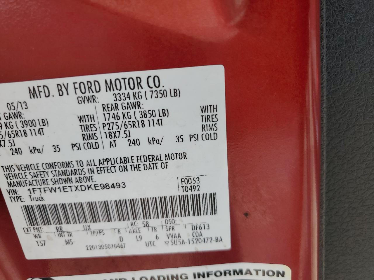 2013 Ford F150 Supercrew VIN: 1FTFW1ETXDKE98493 Lot: 61506905