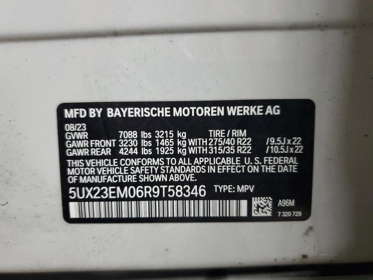 2024 BMW X7 xDrive40I VIN: 5UX23EM06R9T58346 Lot: 61275055