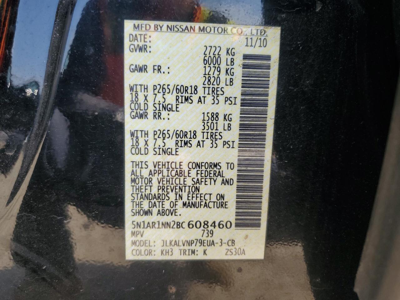 2011 Nissan Pathfinder S VIN: 5N1AR1NN2BC608460 Lot: 58863415