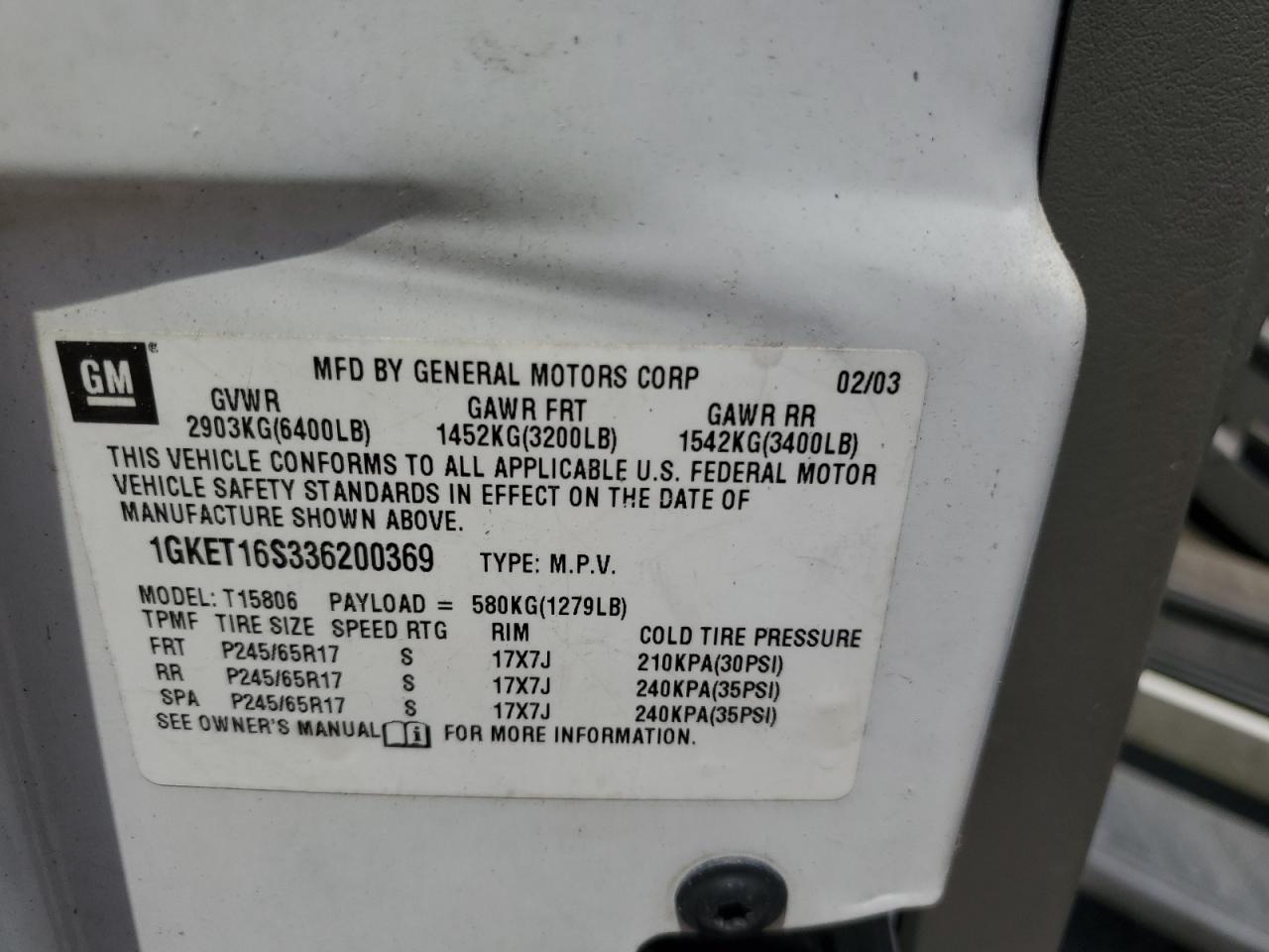 2003 GMC Envoy Xl VIN: 1GKET16S336200369 Lot: 62089535