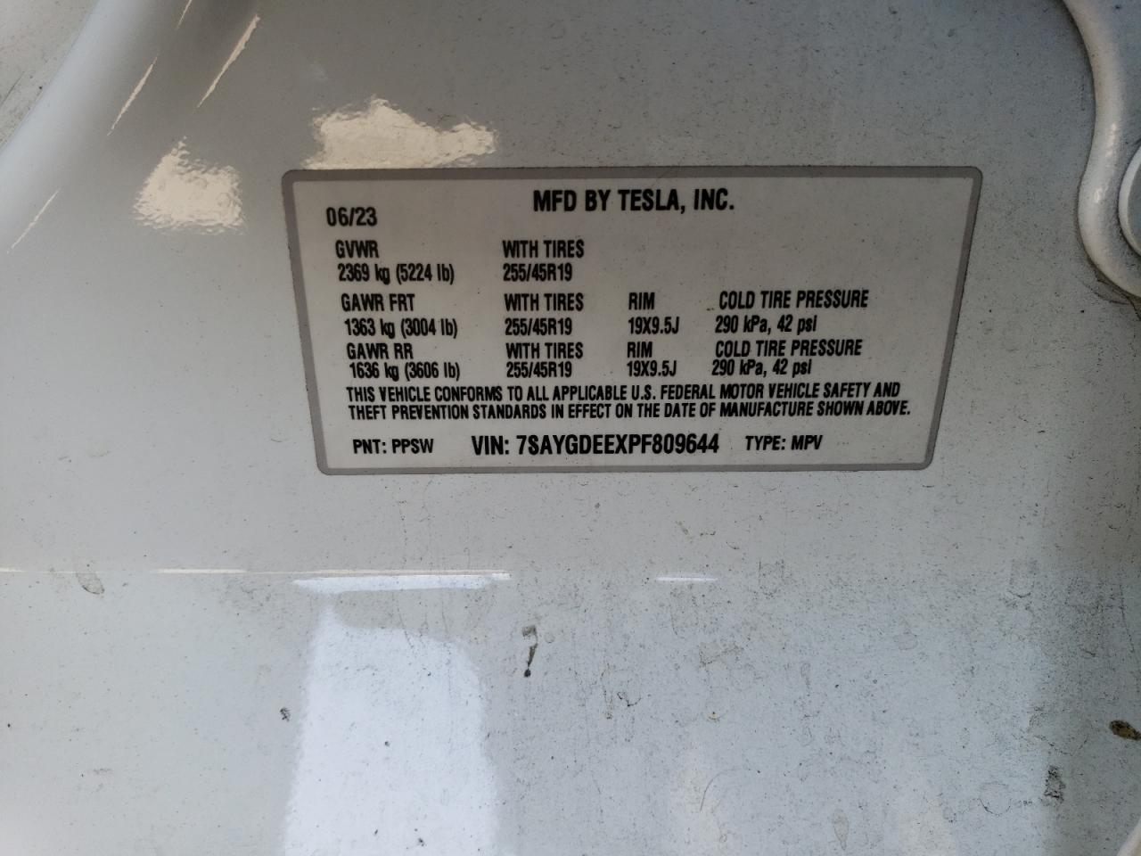 2023 Tesla Model Y VIN: 7SAYGDEEXPF809644 Lot: 59985505