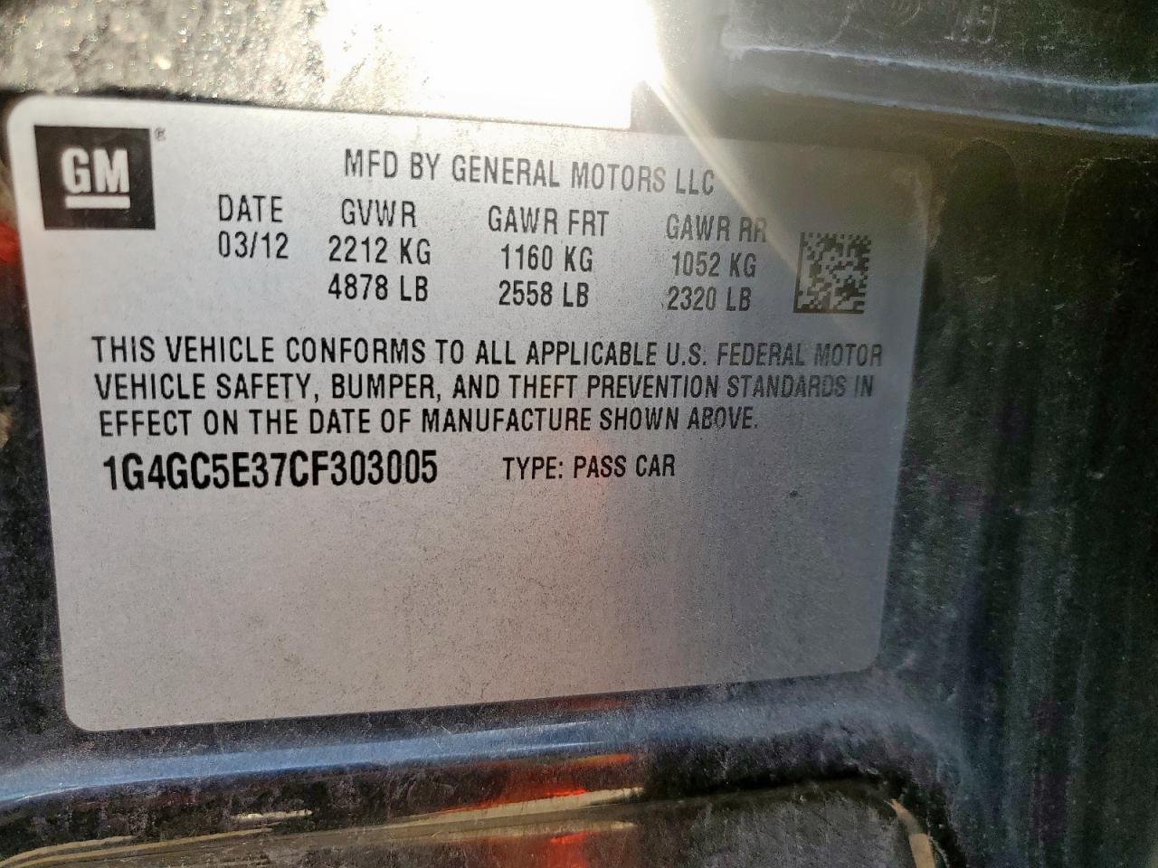 2012 Buick Lacrosse VIN: 1G4GC5E37CF303005 Lot: 61765395
