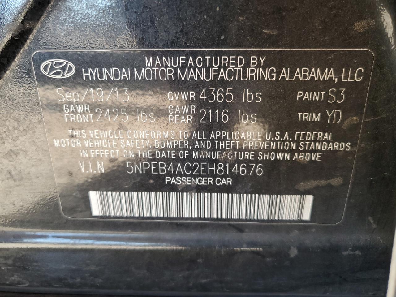 2014 Hyundai Sonata Gls VIN: 5NPEB4AC2EH814676 Lot: 62943475