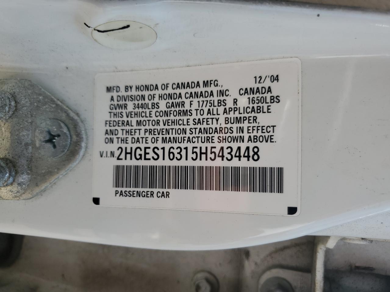 2005 Honda Civic Dx Vp VIN: 2HGES16315H543448 Lot: 60823055