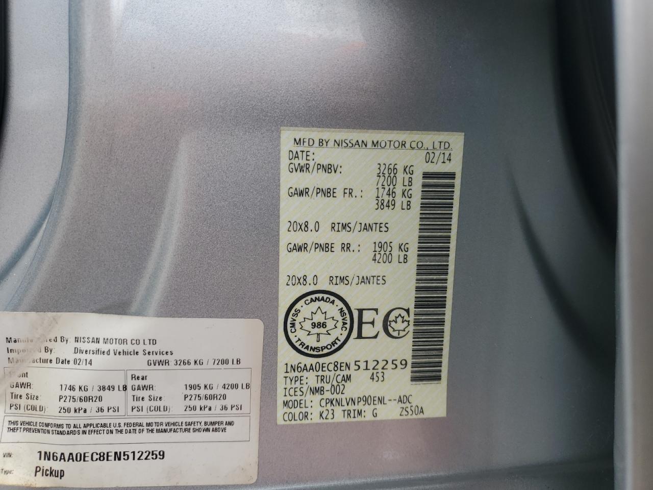 2014 Nissan Titan S VIN: 1N6AA0EC8EN512259 Lot: 63046785
