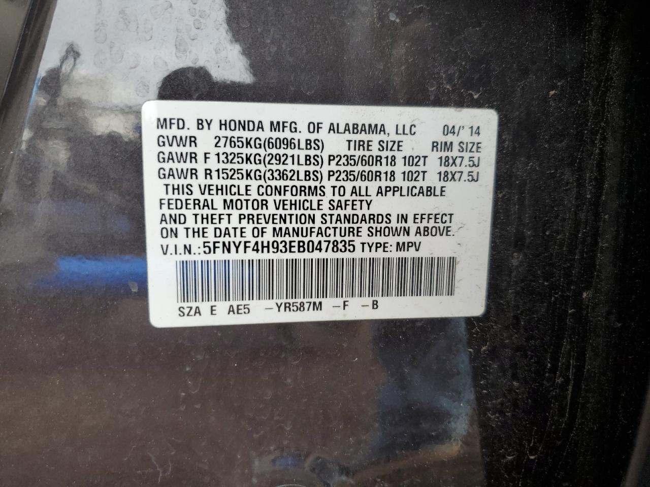 2014 Honda Pilot Touring VIN: 5FNYF4H93EB047835 Lot: 59216675