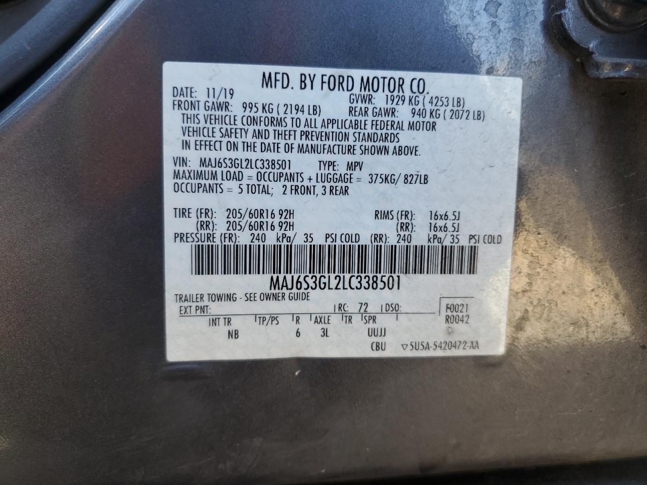 2020 Ford Ecosport Se VIN: MAJ6S3GL2LC338501 Lot: 85590165