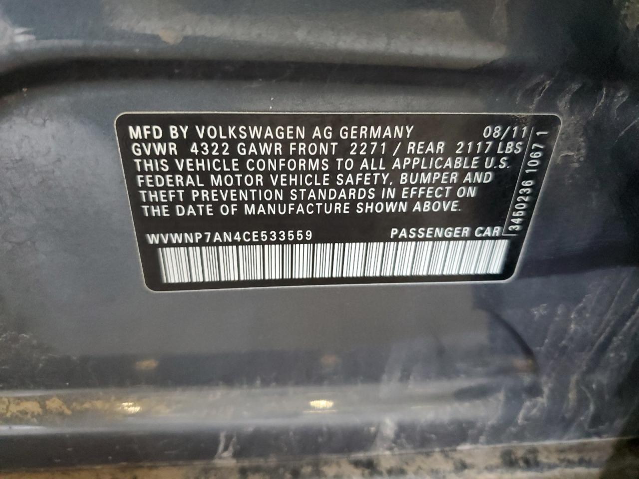 2012 Volkswagen Cc Sport VIN: WVWNP7AN4CE533559 Lot: 61913395