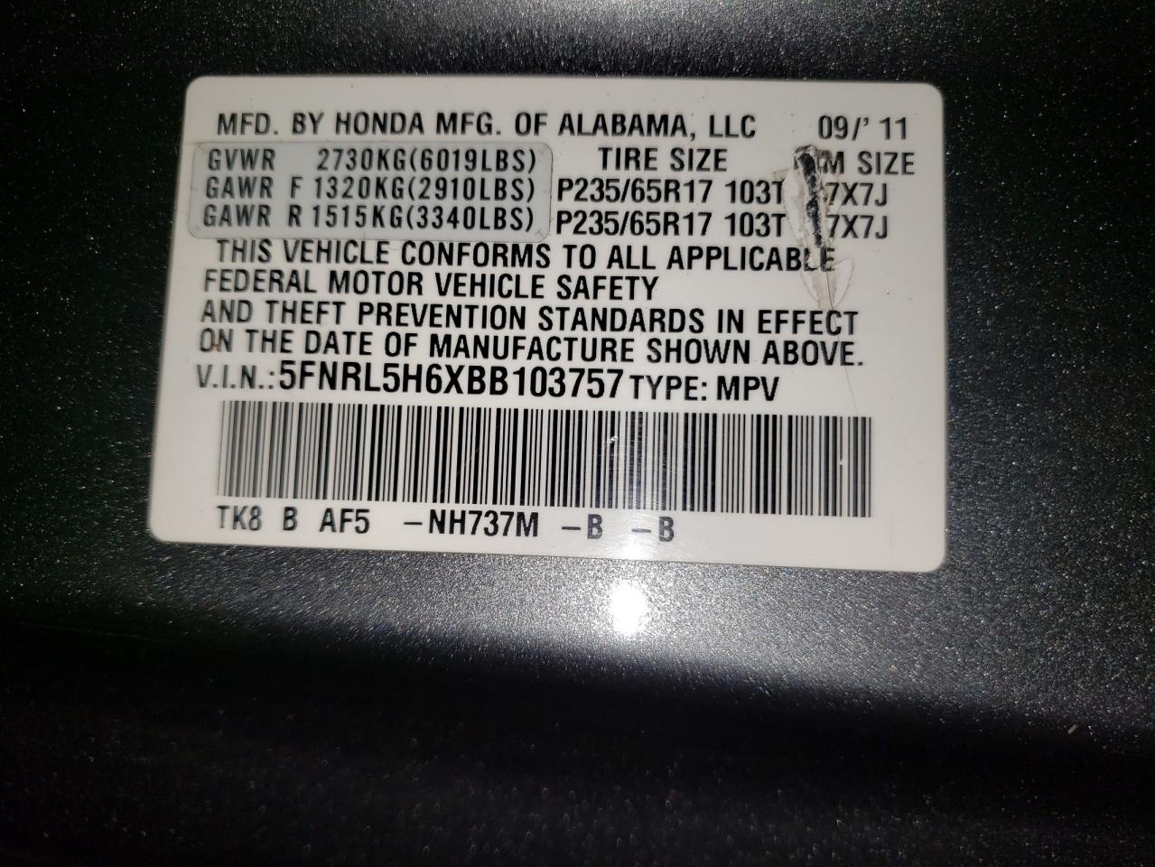 2011 Honda Odyssey Exl VIN: 5FNRL5H6XBB103757 Lot: 62558115