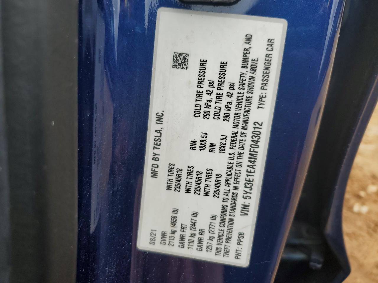 2021 Tesla Model 3 VIN: 5YJ3E1EA4MF043012 Lot: 85353015