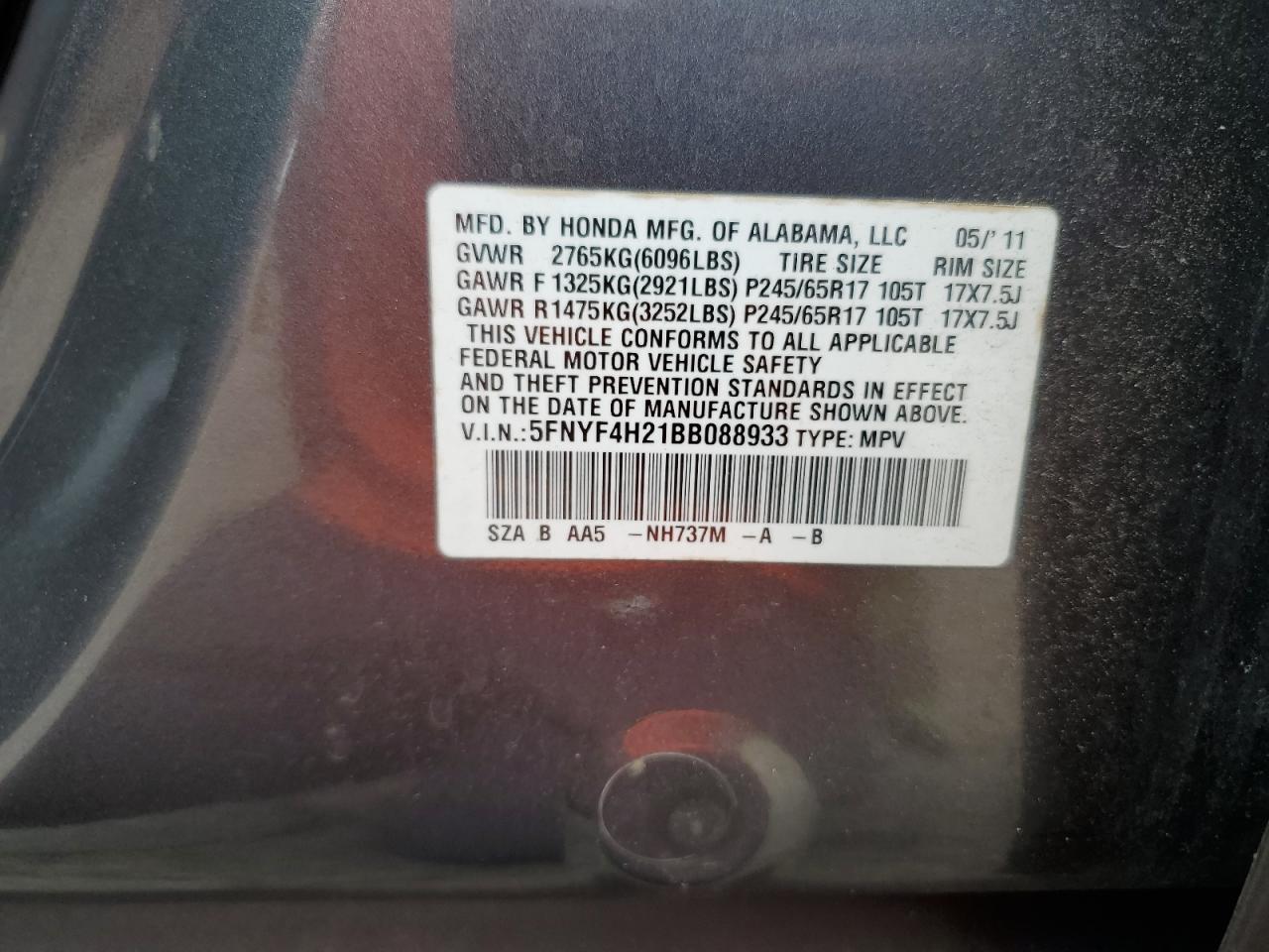 HONDA PILOT 2011 VIN 5FNYF4H21BB088933 zdjęcie 13
