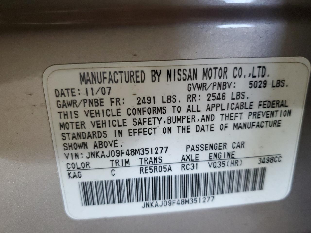 2008 Infiniti Ex35 Base VIN: JNKAJ09F48M351277 Lot: 60275965