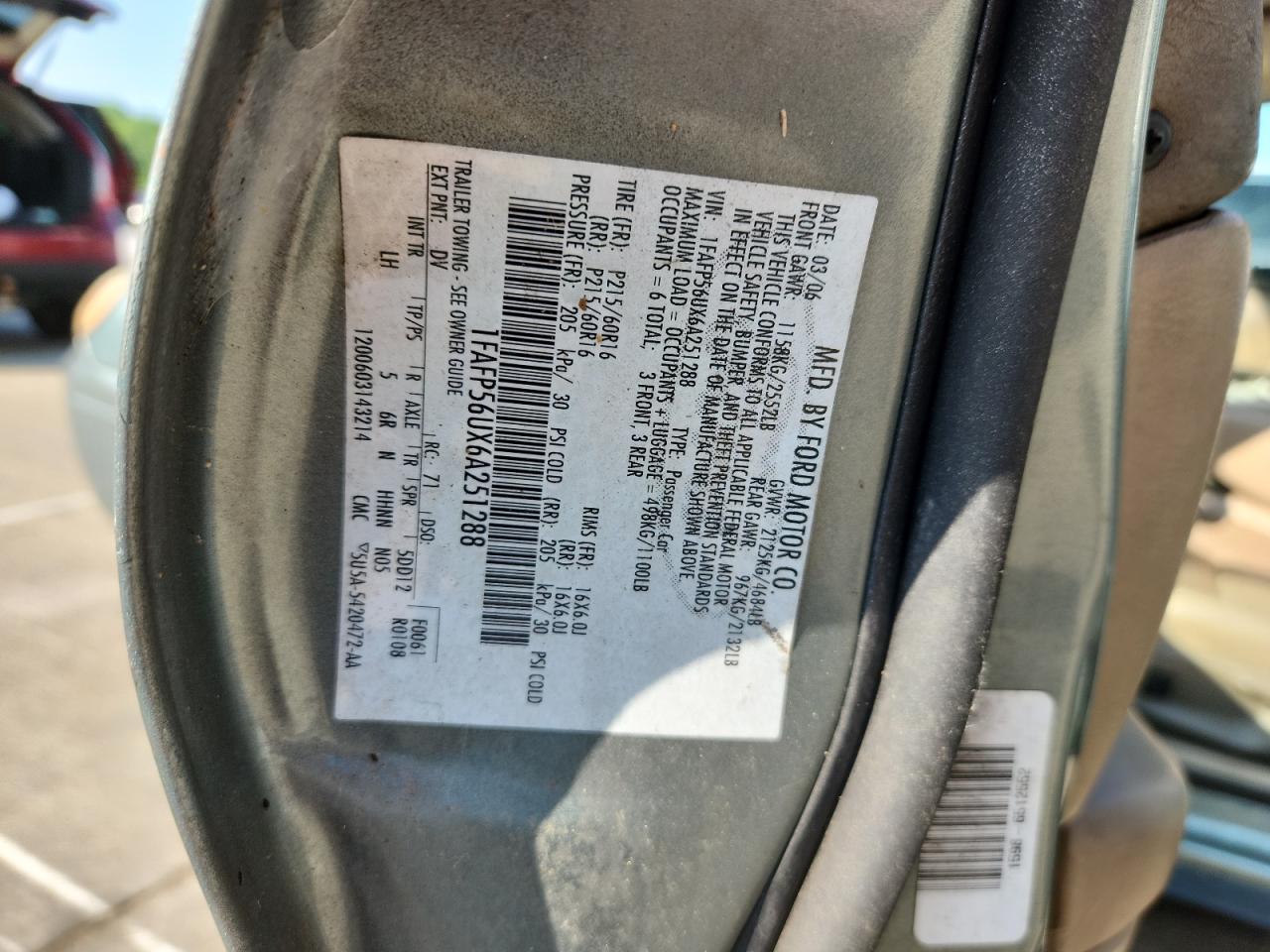 2006 Ford Taurus Sel VIN: 1FAFP56UX6A251288 Lot: 58010685