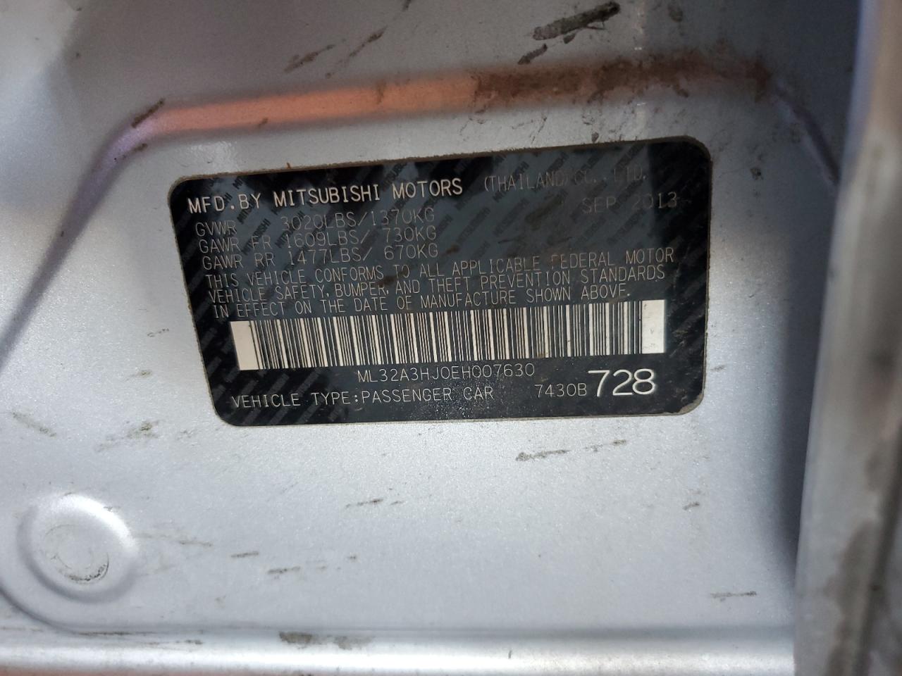 2014 Mitsubishi Mirage De VIN: ML32A3HJ0EH007630 Lot: 63076635