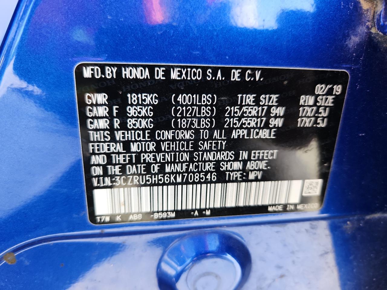 2019 Honda Hr-V Ex VIN: 3CZRU5H56KM708546 Lot: 61590585