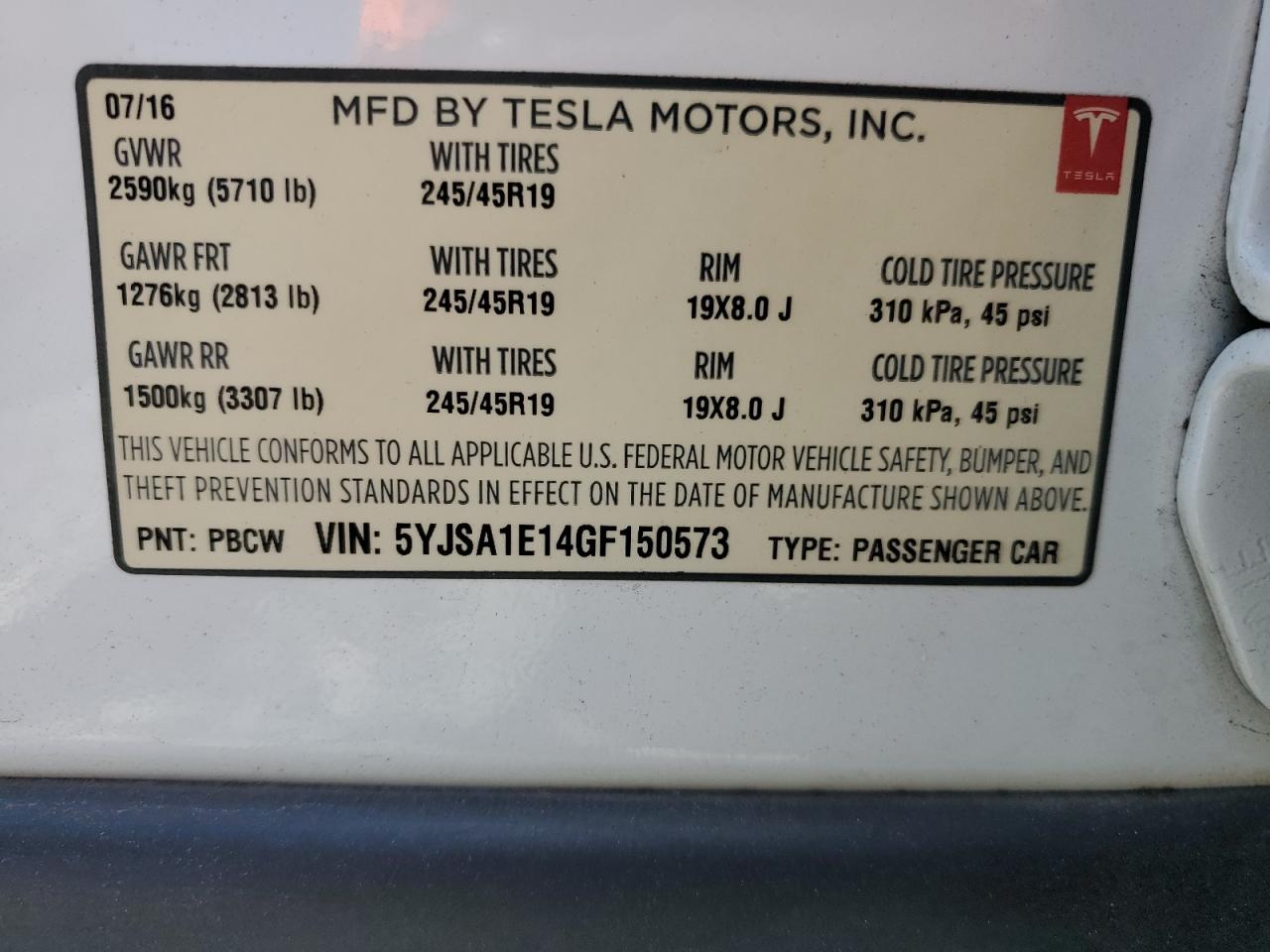 2016 Tesla Model S VIN: 5YJSA1E14GF150573 Lot: 61221075