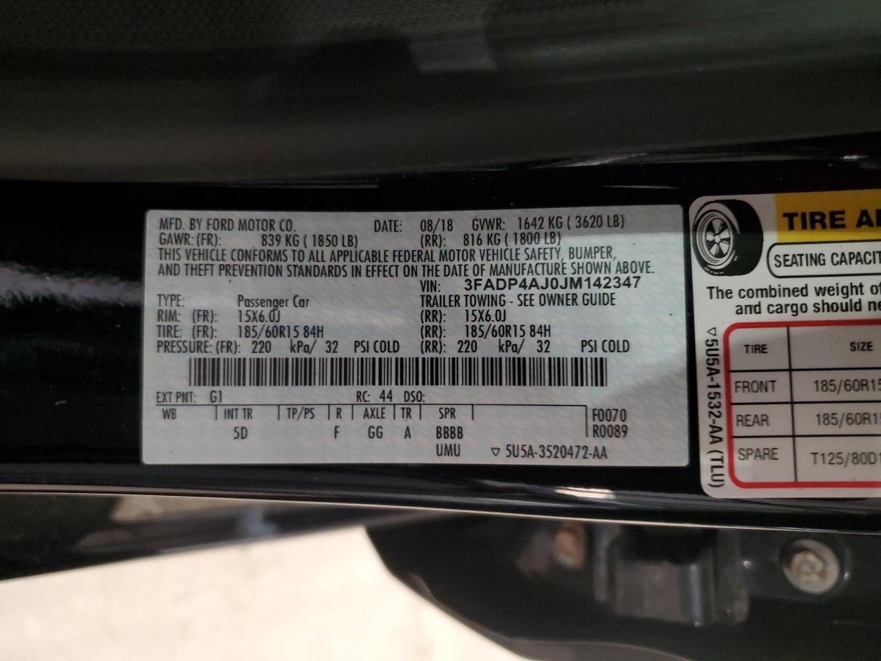 2018 Ford Fiesta S VIN: 3FADP4AJ0JM142347 Lot: 62892505