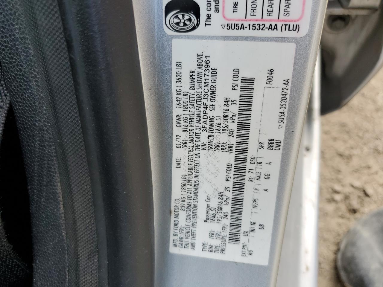 2012 Ford Fiesta Ses VIN: 3FADP4FJ3CM173961 Lot: 59742935