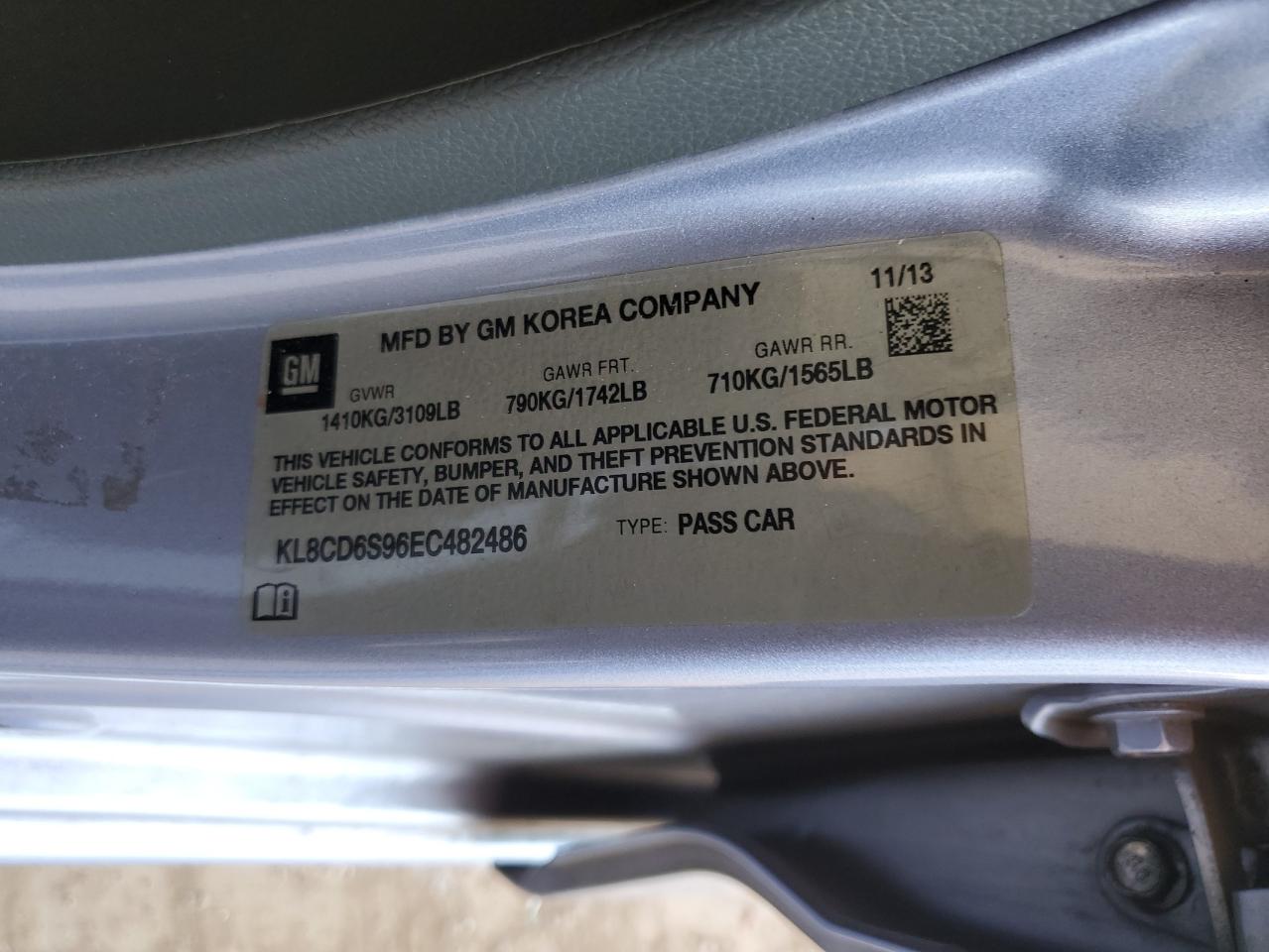 2014 Chevrolet Spark 1Lt VIN: KL8CD6S96EC482486 Lot: 61694305