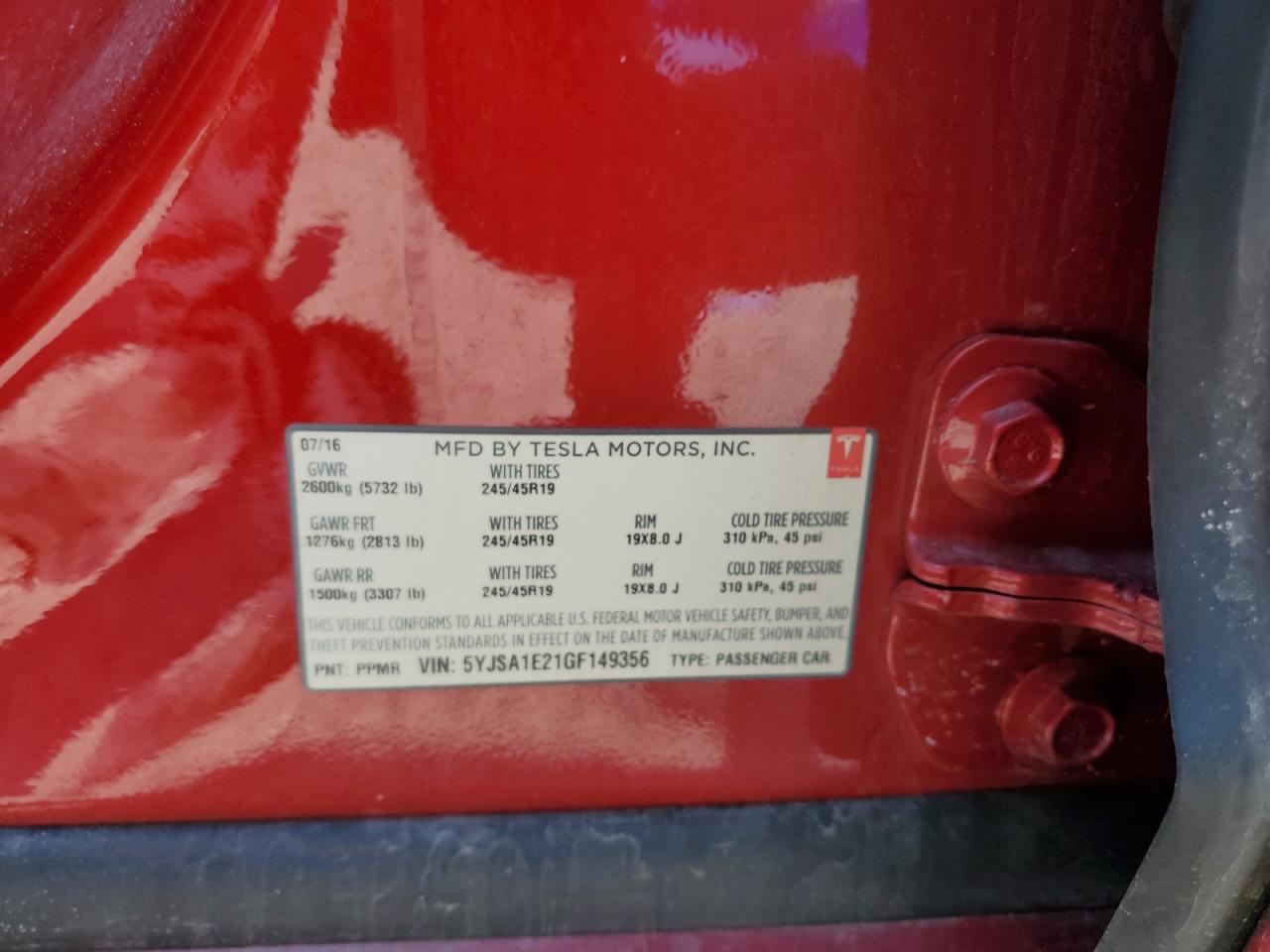 2016 Tesla Model S VIN: 5YJSA1E21GF149356 Lot: 59652435