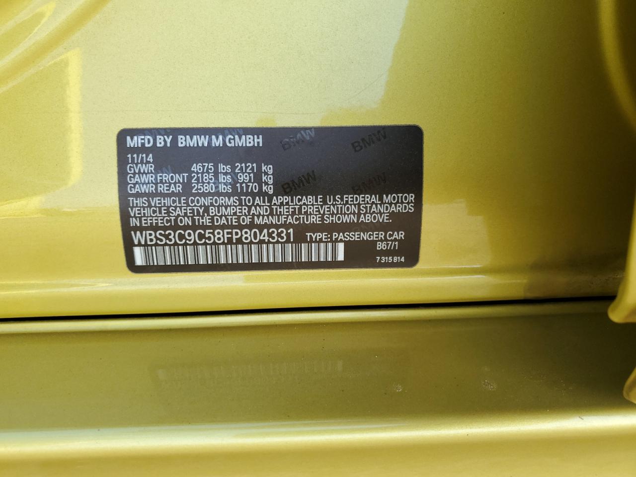 2015 BMW M3 VIN: WBS3C9C58FP804331 Lot: 62507465