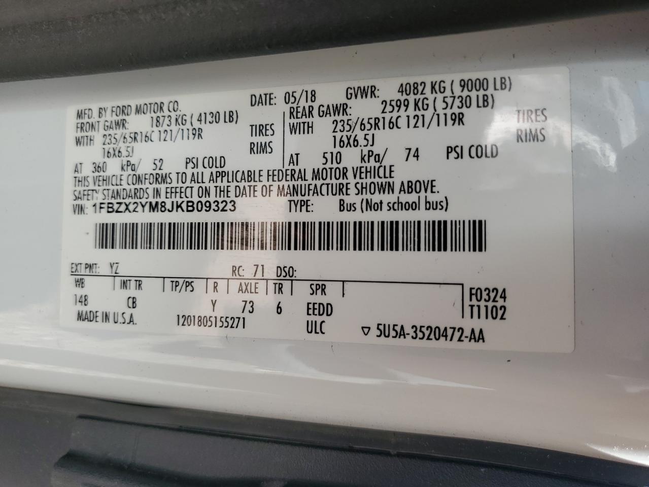 2018 Ford Transit T-350 VIN: 1FBZX2YM8JKB09323 Lot: 61552315