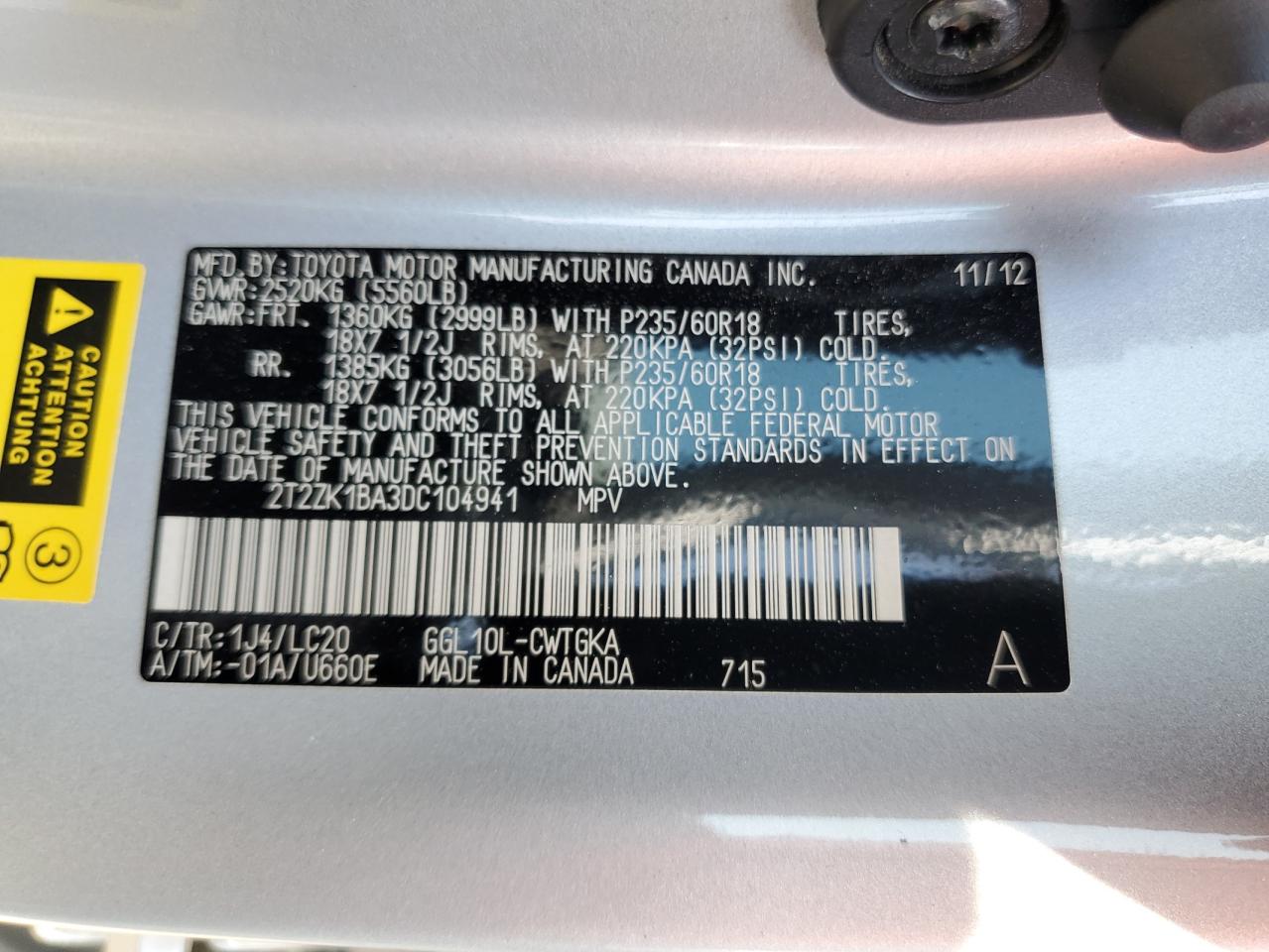 2013 Lexus Rx 350 VIN: 2T2ZK1BA3DC104941 Lot: 62784985