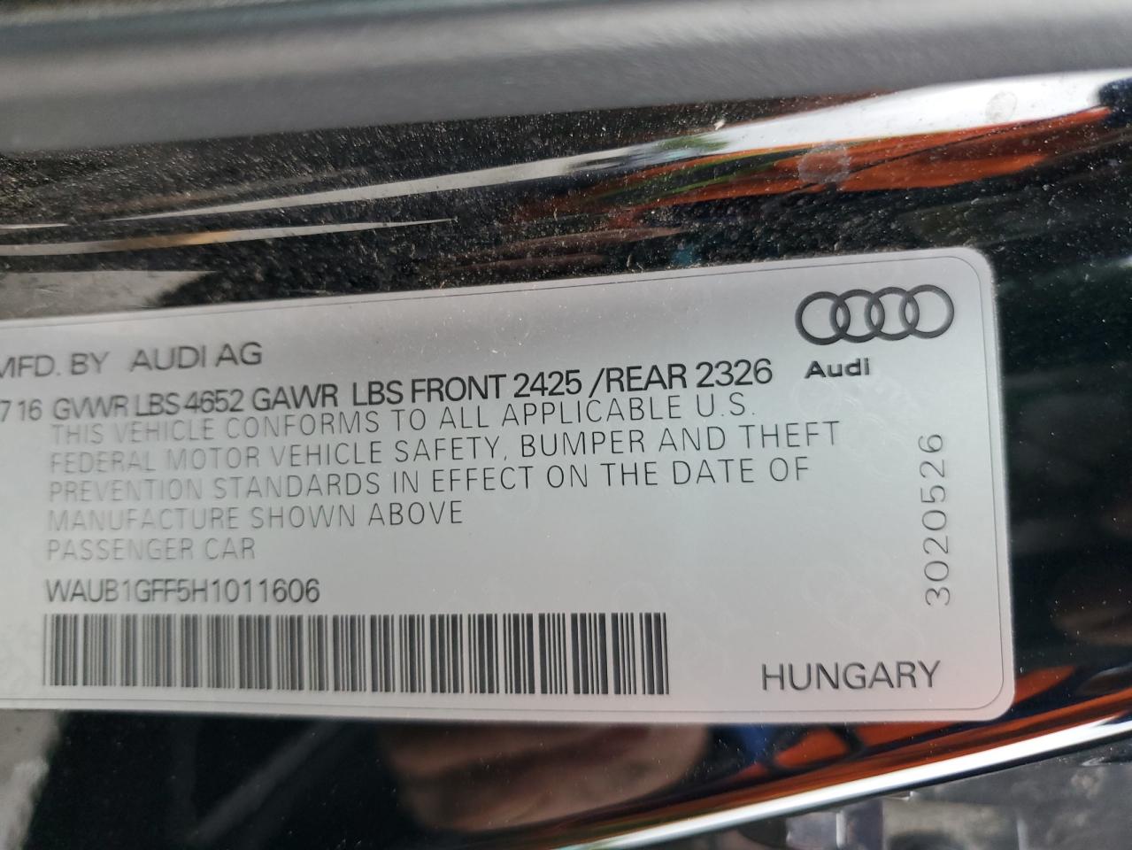 2017 Audi S3 Premium Plus VIN: WAUB1GFF5H1011606 Lot: 60046375