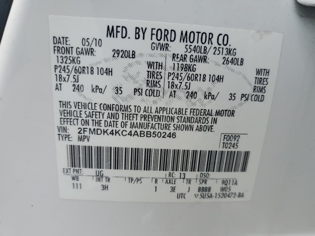 2010 Ford Edge Limited VIN: 2FMDK4KC4ABB50246 Lot: 61419015