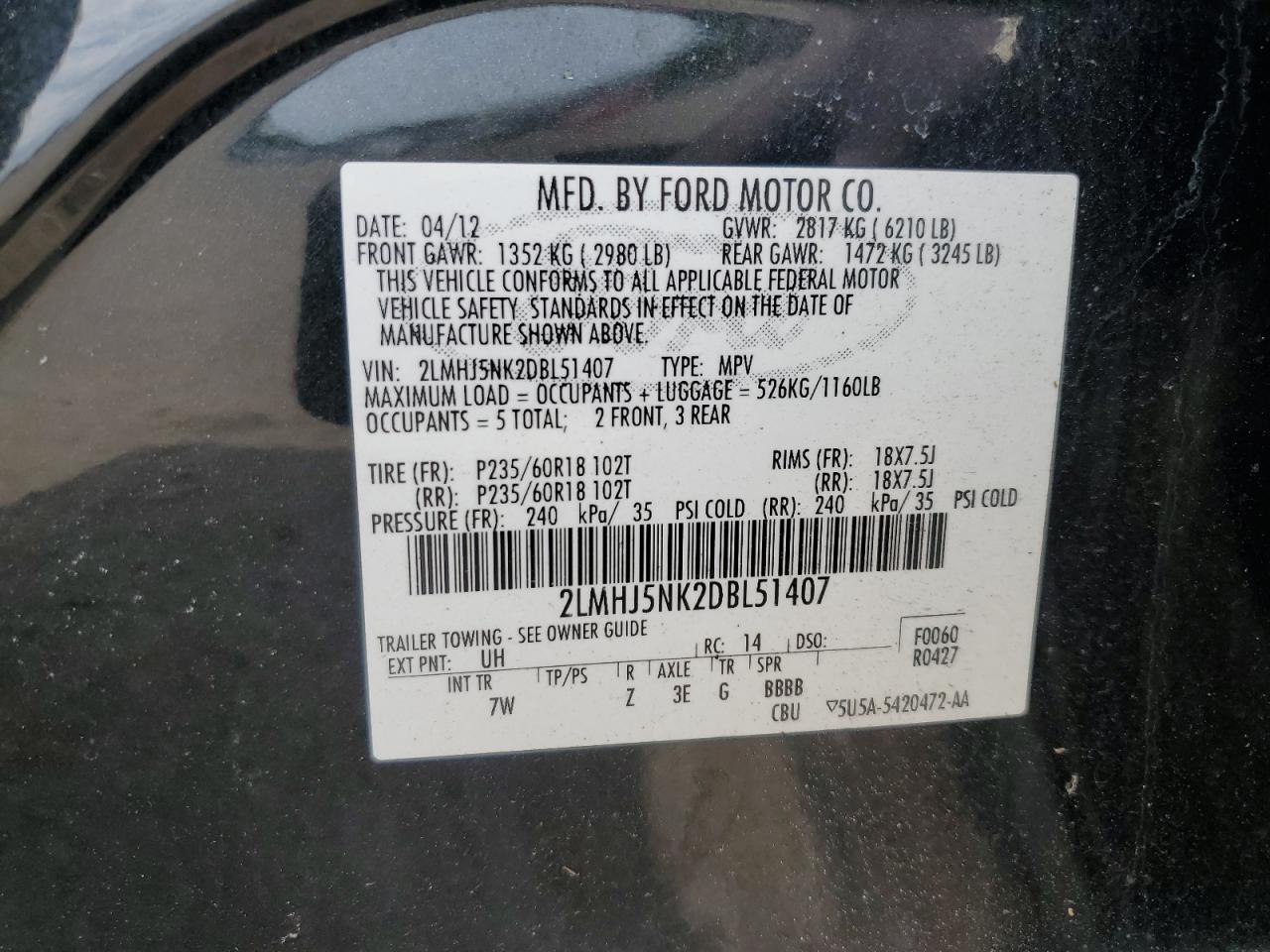 2013 Lincoln Mkt VIN: 2LMHJ5NK2DBL51407 Lot: 62319065