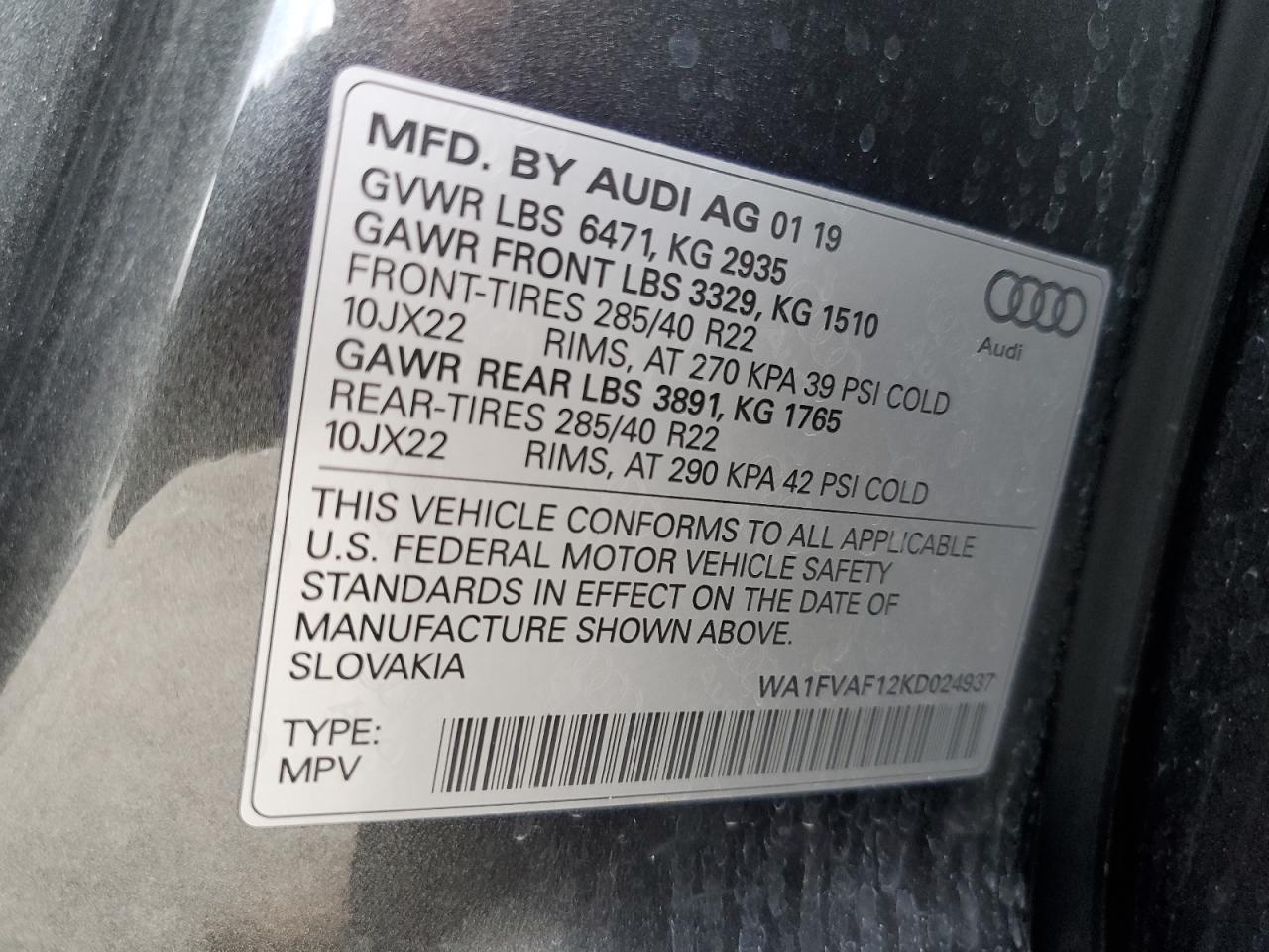 2019 Audi Q8 Prestige S-Line VIN: WA1FVAF12KD024937 Lot: 62110755