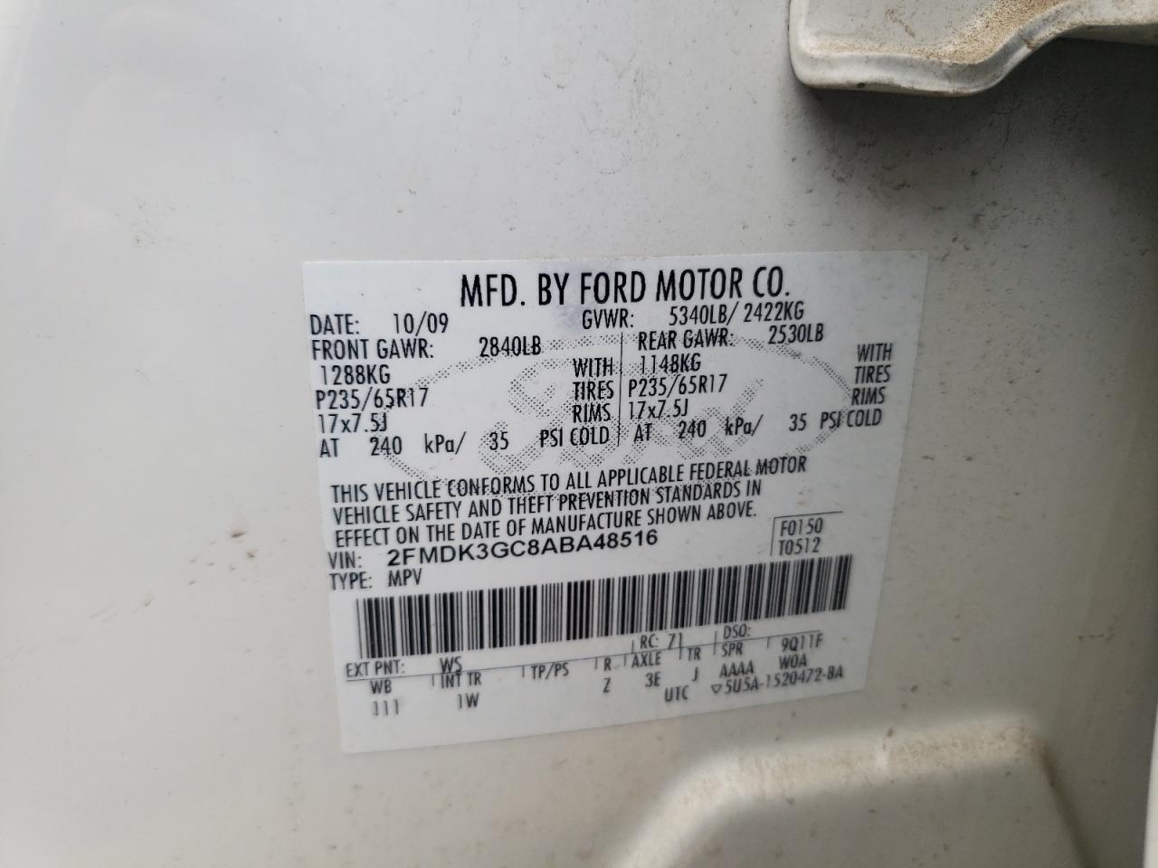 2010 Ford Edge Se VIN: 2FMDK3GC8ABA48516 Lot: 60547615