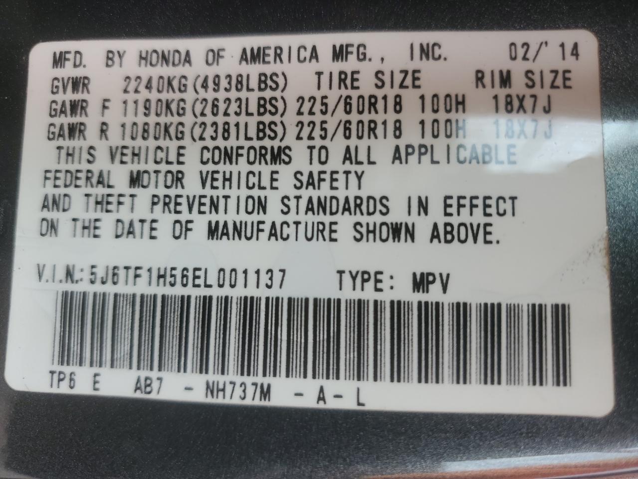2014 Honda Crosstour Exl VIN: 5J6TF1H56EL001137 Lot: 59266365