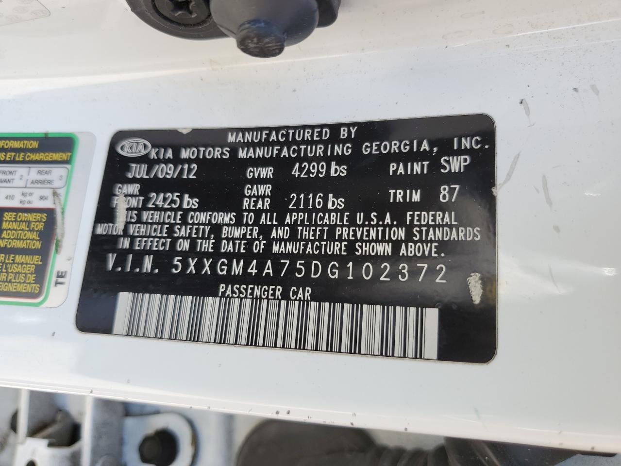 2013 Kia Optima Lx VIN: 5XXGM4A75DG102372 Lot: 84446575