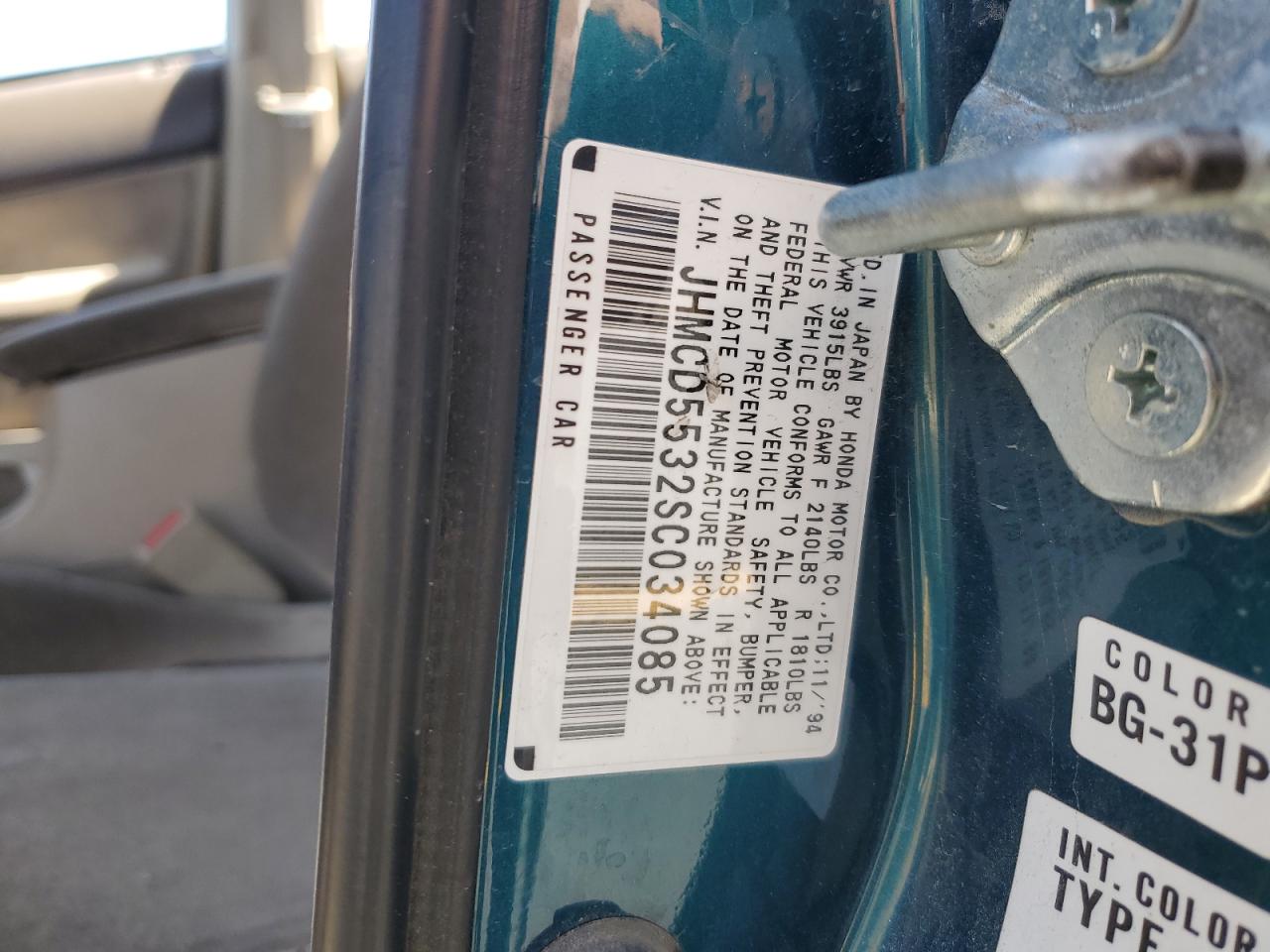 1995 Honda Accord Lx VIN: JHMCD5532SC034085 Lot: 61256005