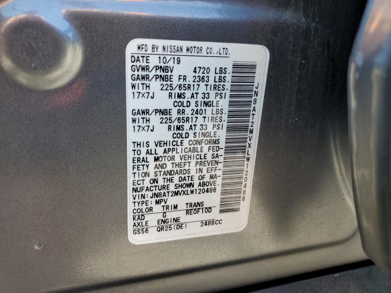 2020 Nissan Rogue S VIN: JN8AT2MVXLW120486 Lot: 61615265