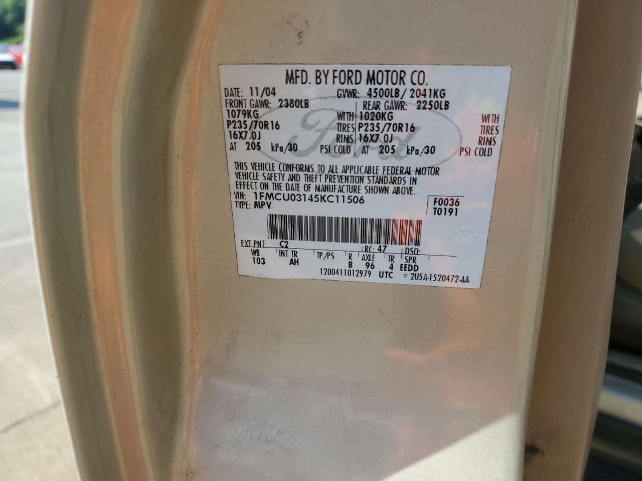 2005 Ford Escape Xlt VIN: 1FMCU03145KC11506 Lot: 62061635
