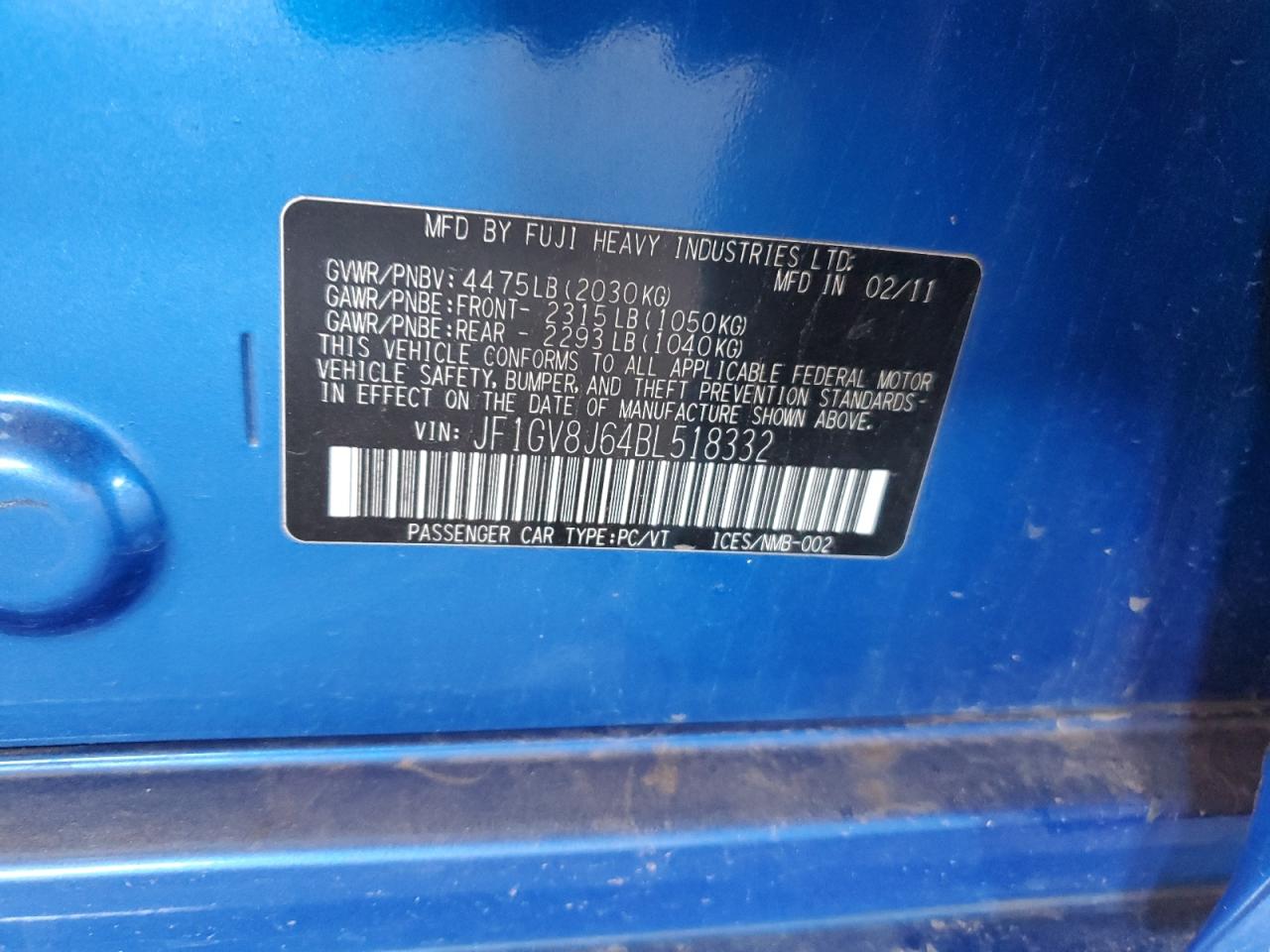 2011 Subaru Impreza Wrx Sti VIN: JF1GV8J64BL518332 Lot: 62706955