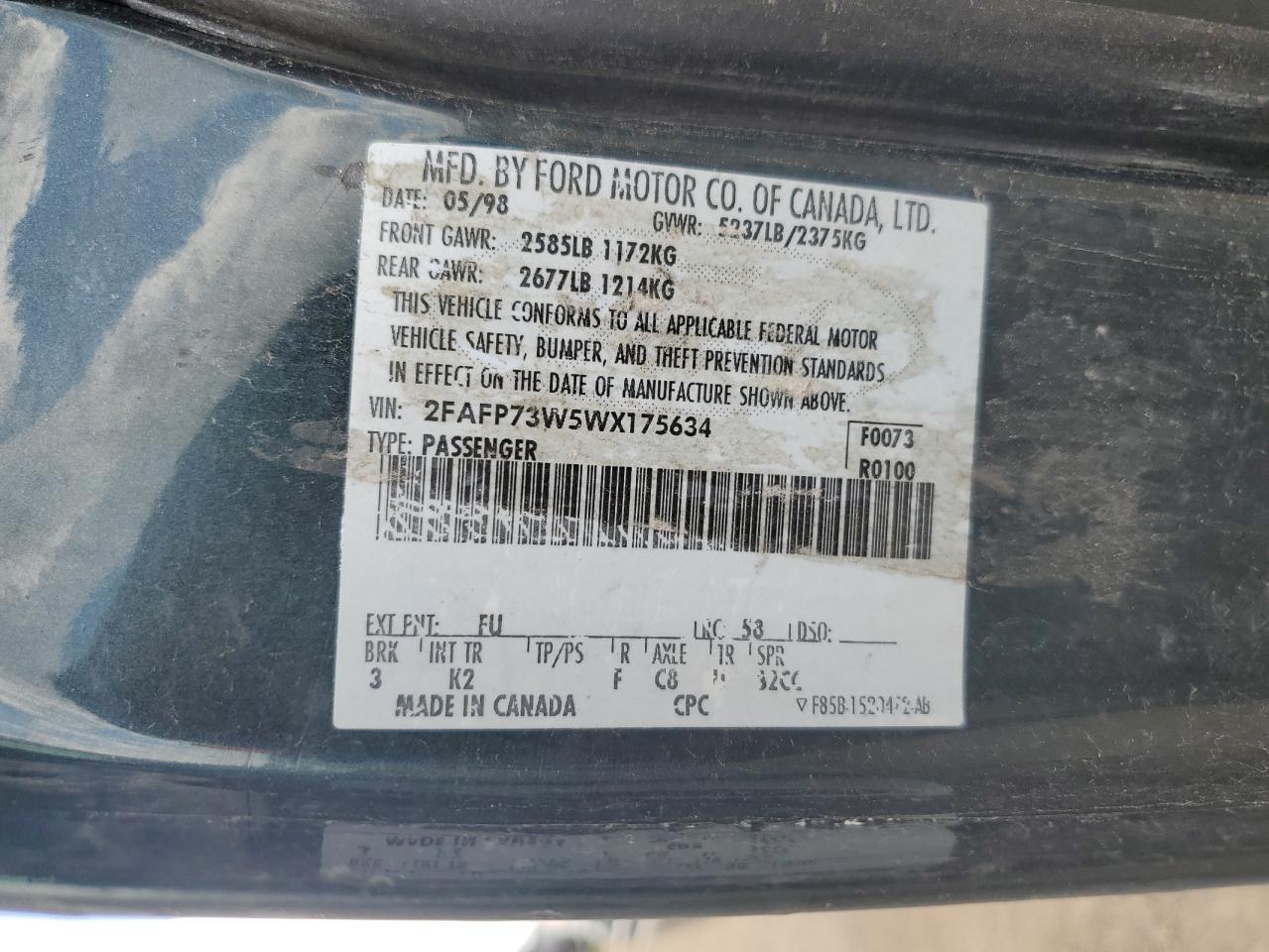 FORD CROWN VIC 1998 VIN 2FAFP73W5WX175634 zdjęcie 12