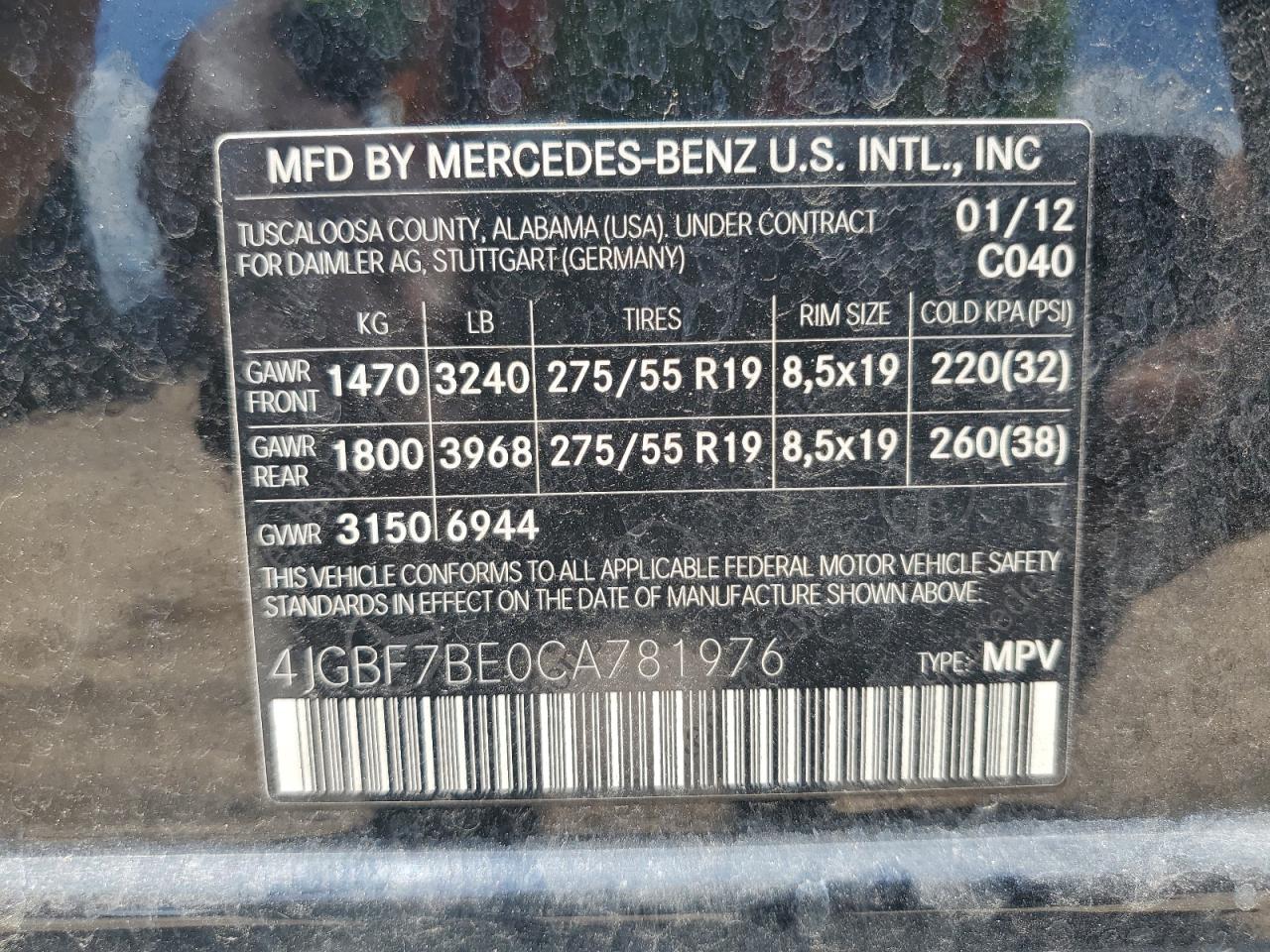 2012 Mercedes-Benz Gl 450 4Matic VIN: 4JGBF7BE0CA781976 Lot: 62060465