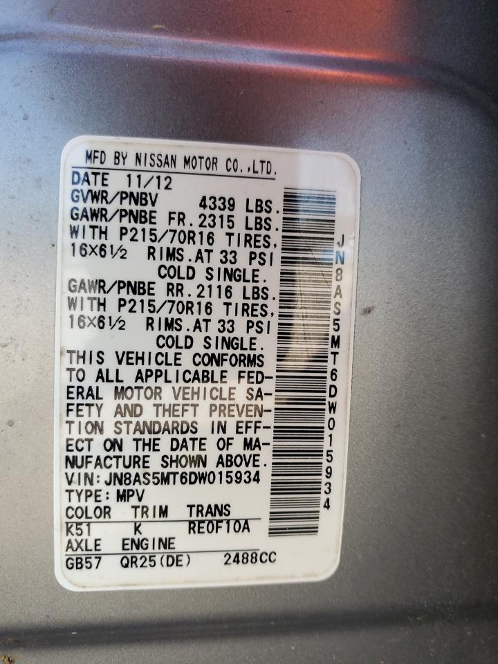 2013 Nissan Rogue S VIN: JN8AS5MT6DW015934 Lot: 62283425