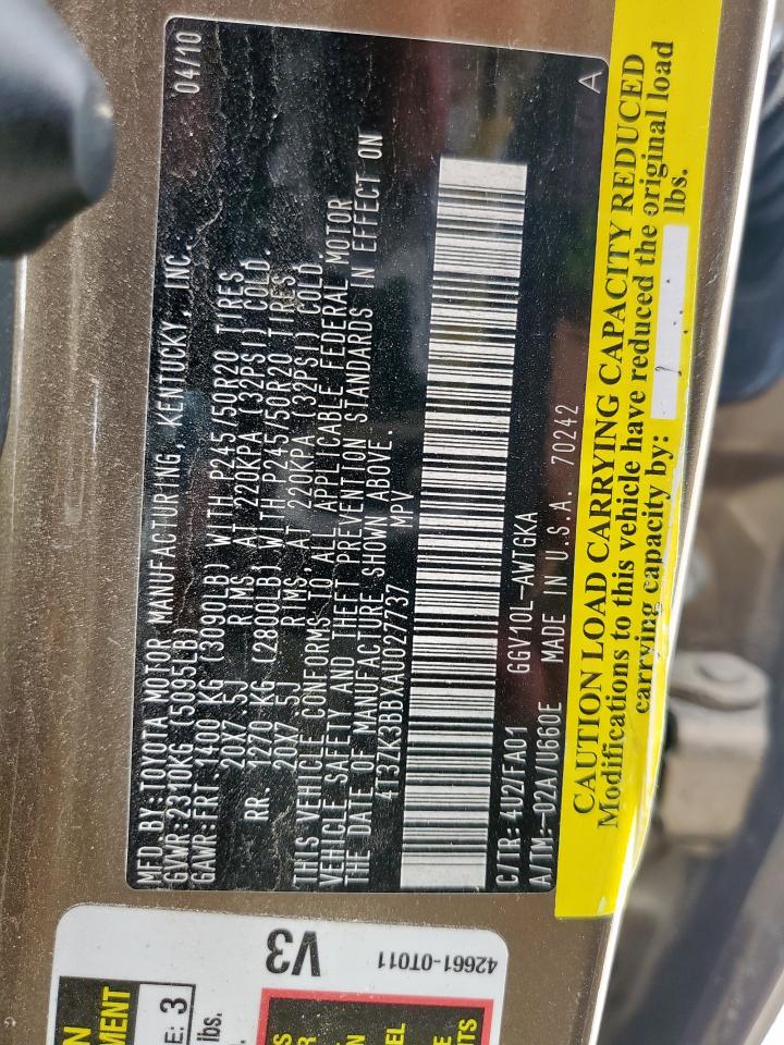 2010 Toyota Venza VIN: 4T3ZK3BBXAU027737 Lot: 62527535