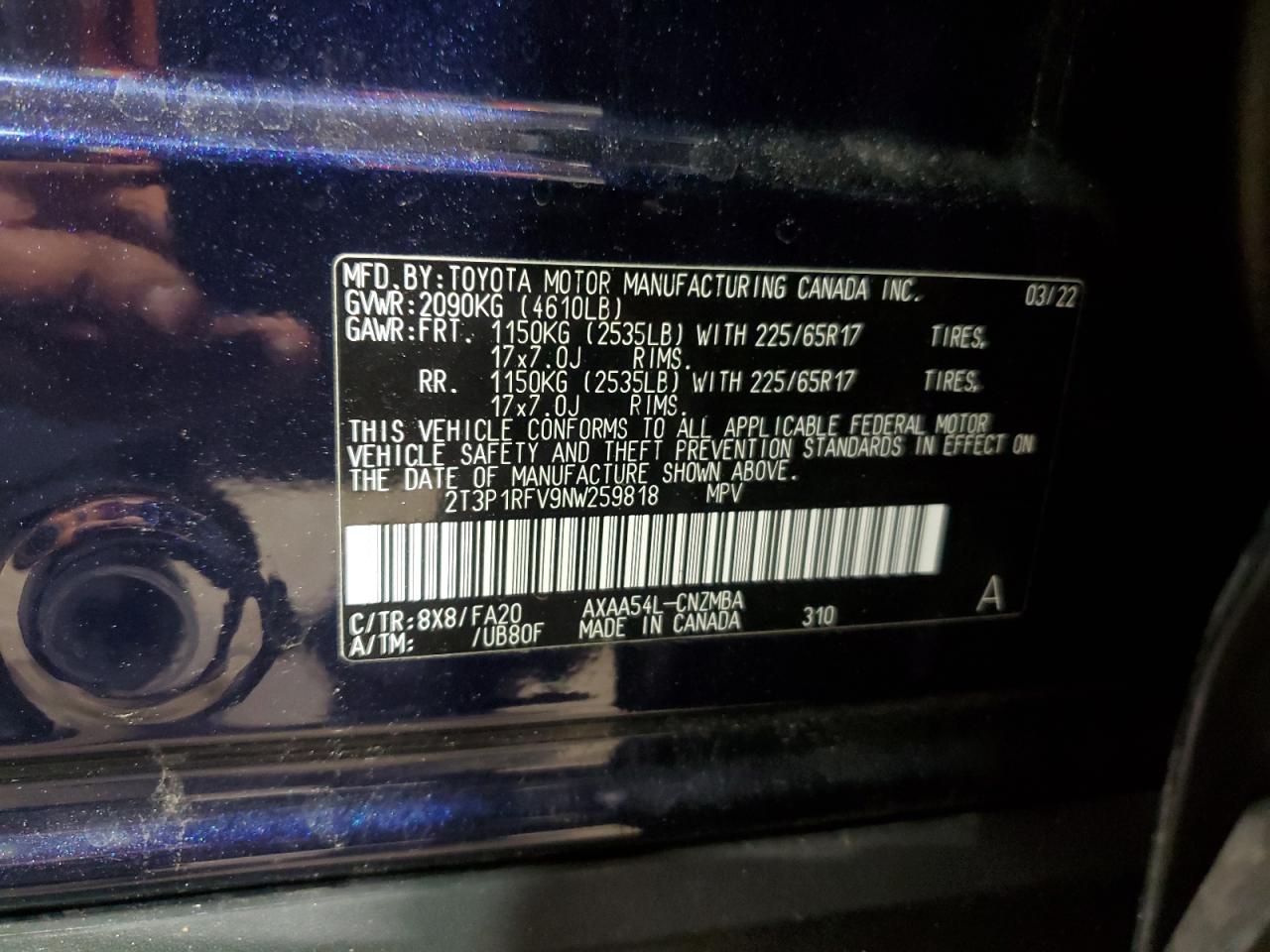 2022 Toyota Rav4 Xle VIN: 2T3P1RFV9NW259818 Lot: 62356385