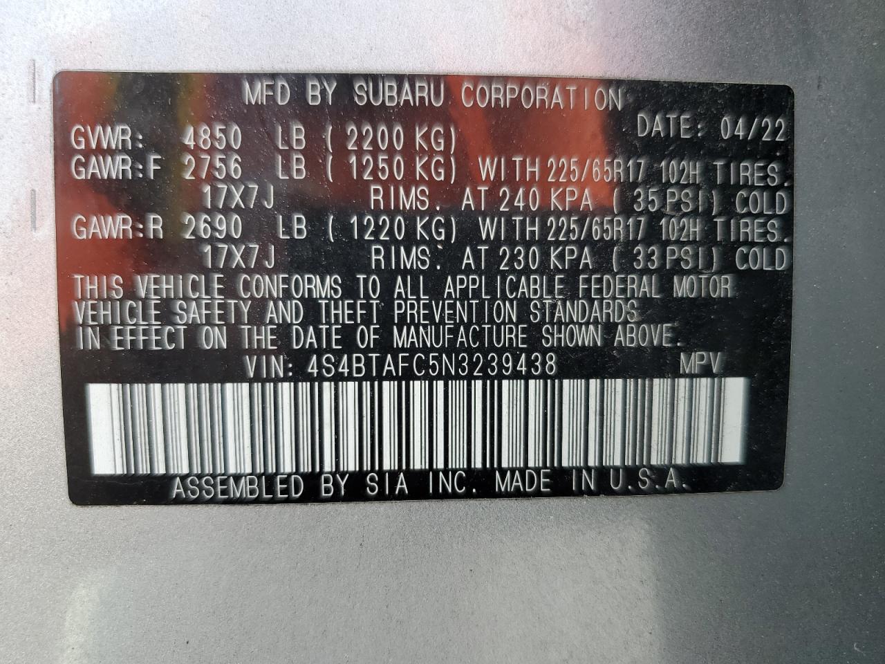 2022 Subaru Outback Premium VIN: 4S4BTAFC5N3239438 Lot: 62679545