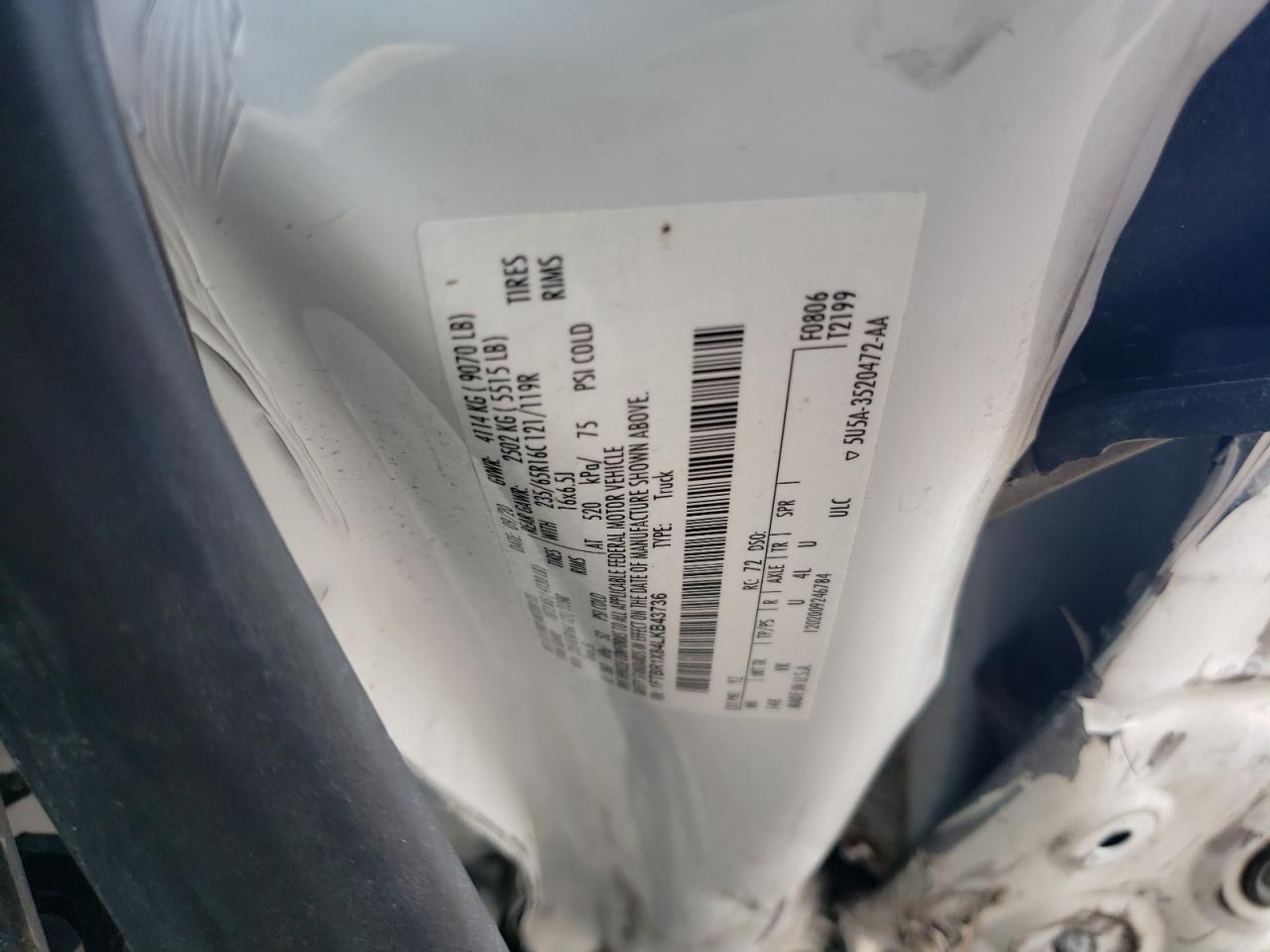 2020 Ford Transit T-250 VIN: 1FTBR1X84LKB43736 Lot: 62596755