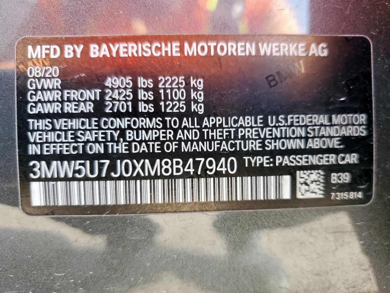 2021 BMW M340I VIN: 3MW5U7J0XM8B47940 Lot: 62986855