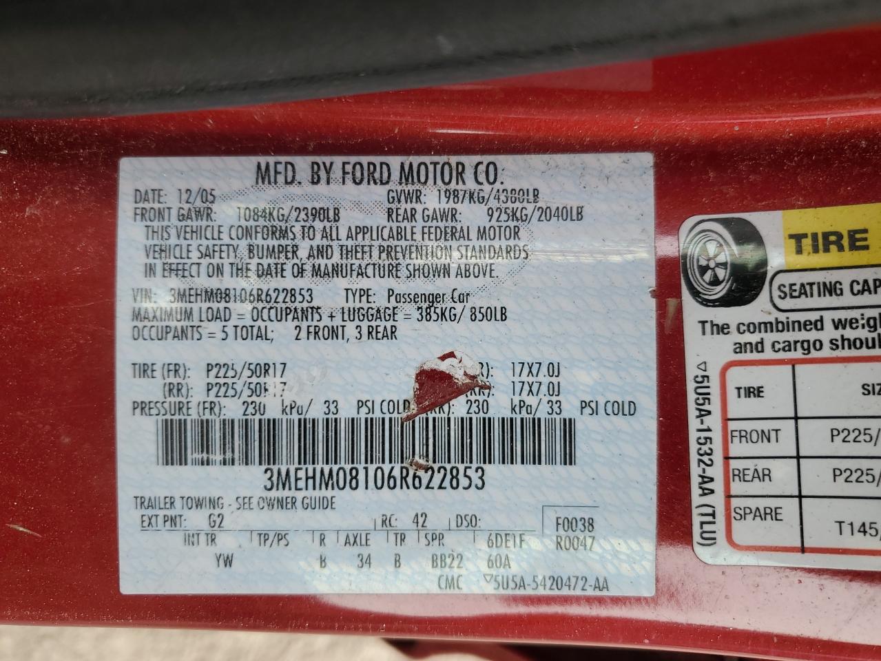 2006 Mercury Milan Premier VIN: 3MEHM08106R622853 Lot: 61404245