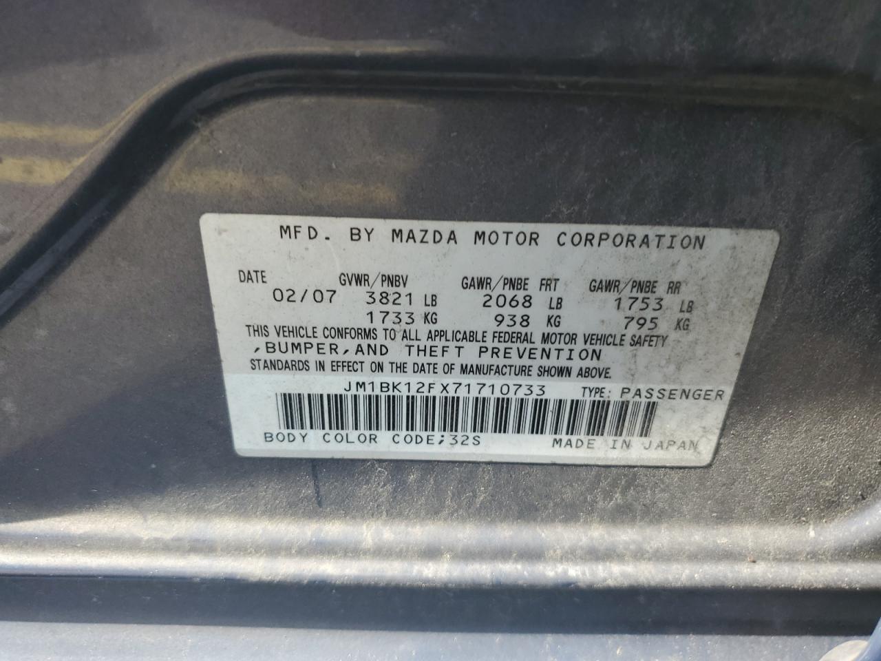 2007 Mazda 3 I VIN: JM1BK12FX71710733 Lot: 62195625
