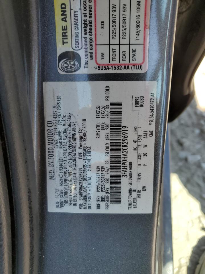 2012 Ford Fusion Se VIN: 3FAHP0HA2CR296919 Lot: 62986875